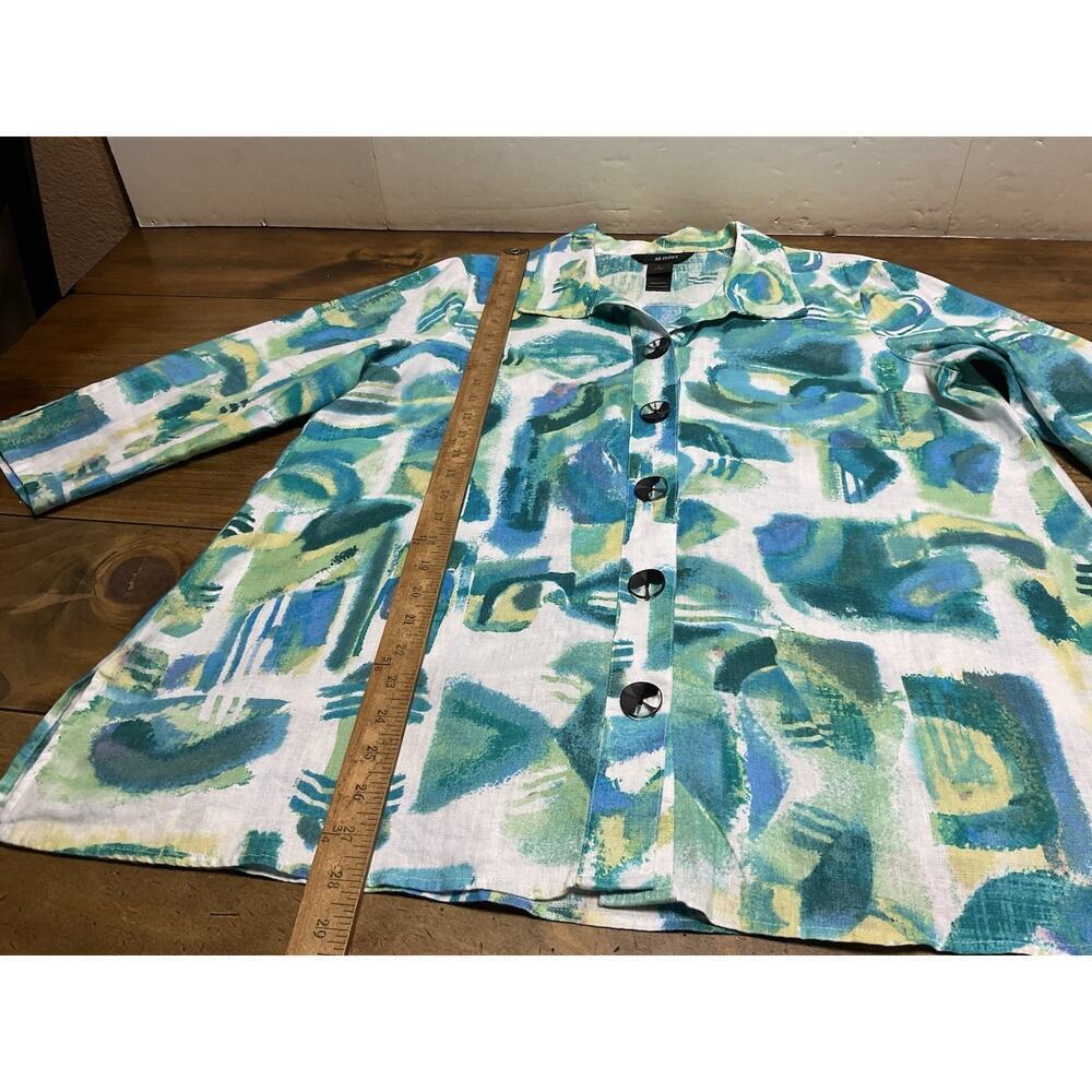 Ali Miles Button Front Tunic Top Linen Blend Blue Green Watercolor Abstract Sz L - Picture 4 of 10